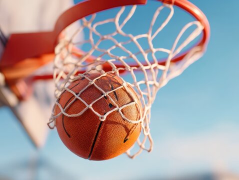 A basketball going through a hoop and net against a clear blue sky, captured in a dynamic action shot - Powered by Adobe