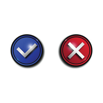 Blue and red round buttons with a black frame, glares and Tick and Cross. A vector round buttons with a gradient, isolated on the white background 