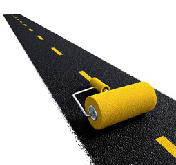 Yellow roller paints road stripes on black asphalt