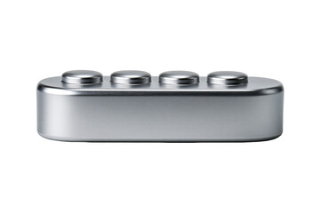 A chrome or silver metallic rectangular block with three round buttons