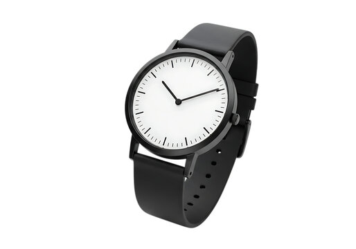Sleek modern black wristwatch with a minimalist white dial, slender hands, and a smooth black leather strapon transparent background.