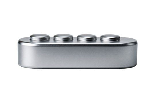 A chrome or silver metallic rectangular block with three round buttons