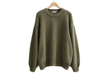 A muted olive green, oversized, crew-neck sweater hangs on a wooden hanger