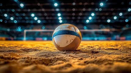 Beach volleyball ball on sandy court. Stadium lights