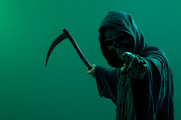 Mysterious figure in a dark hooded cloak pointing menacingly against a green backdrop
