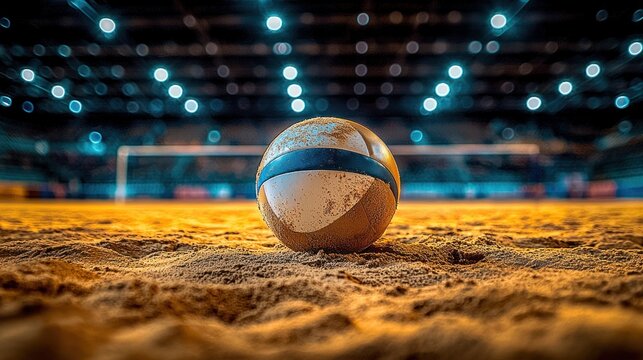 Beach volleyball ball on sandy court. Stadium lights