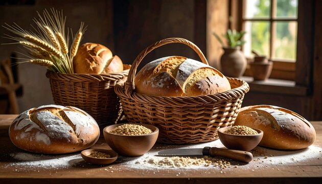 Rustic loaves of bread in a wicker basket, artisanal display