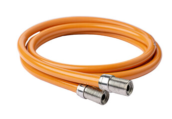 Coiled orange flexible hose with metal fittings