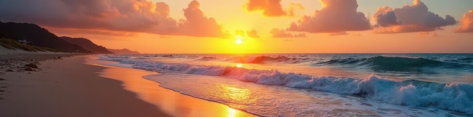 Golden sunset paints sky, waves gently caress sandy beach ,  sand,  texture