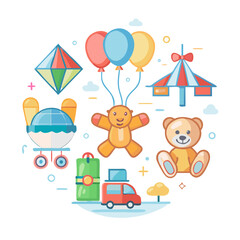 Toy and Children's Play Line Icons Set. Toy, play, children, kids, childhood, fun, entertainment, teddy bear, stuffed animal, balloons, kite, puzzle, jigsaw, train, locomotive, ice cream, cone, airpla