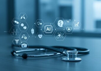 A conceptual image of a stethoscope connected to a network of digital health icons, symbolizing modern medicine.