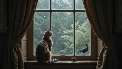 A ginger cat sits on a windowsill, gazing out at a rainy day through a paneled window with draped curtains.