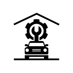 Car repair garage symbol displaying vehicle maintenance with gear and wrench, offering scalable design options for automotive service logos.