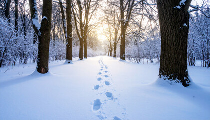 Fototapeta premium A leafless forest path in early winter, with pale sunlight gently filtering through bare trees, capturing a quiet, contemplative seasonal moment.