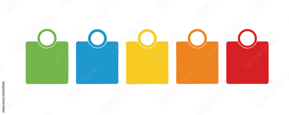 Poster Five colorful squares with circular elements on top isolated on white background