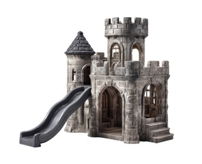 Playset in the shape of a gray stone castle with a slide