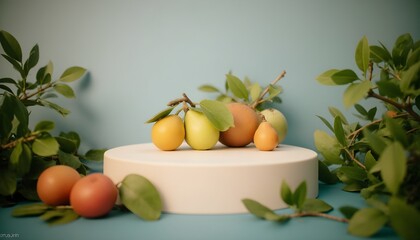 A stylish catwalk in soft lighting and not bright, soft colors, surrounded by plants and fruits, in need of a main character