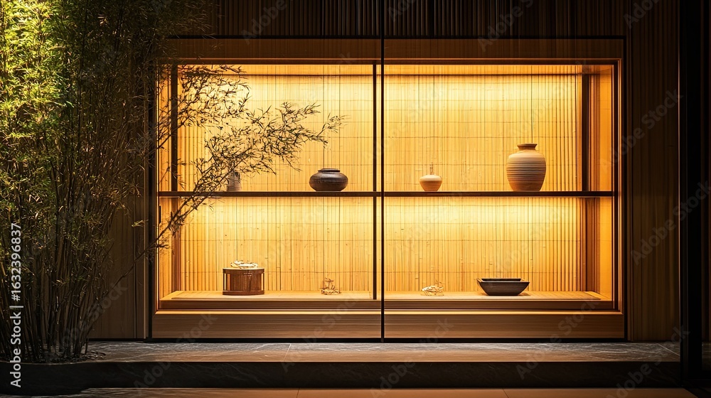Poster illuminated display of minimalist decorative objects in a zen-like bamboo setting