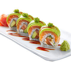 Fresh sushi roll, avocado and salmon