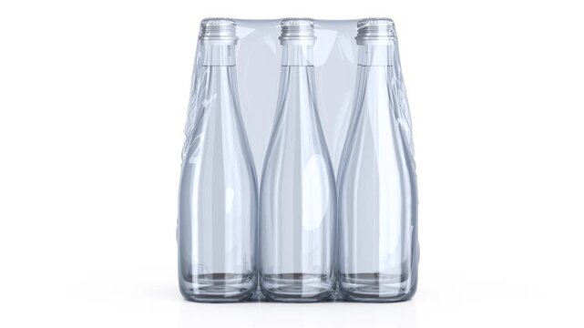 Set of six realistic glass bottles in shrink film rotating on white background. Realistic glass bottles with clear liquid and screw cap. 3d animation loop