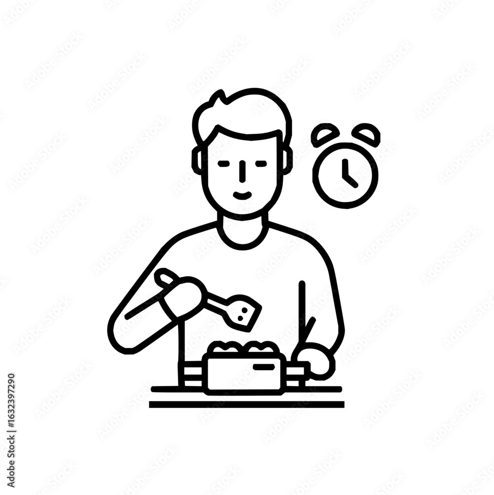 Poster man cooking with a spoon in front of a bowl and an alarm clock indicating the time in a simple line 
