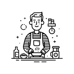 A cheerful cook in apron preparing food with various kitchen utensils and ingredients in a line art style