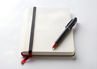Closed notebook with pen and ribbon bookmark