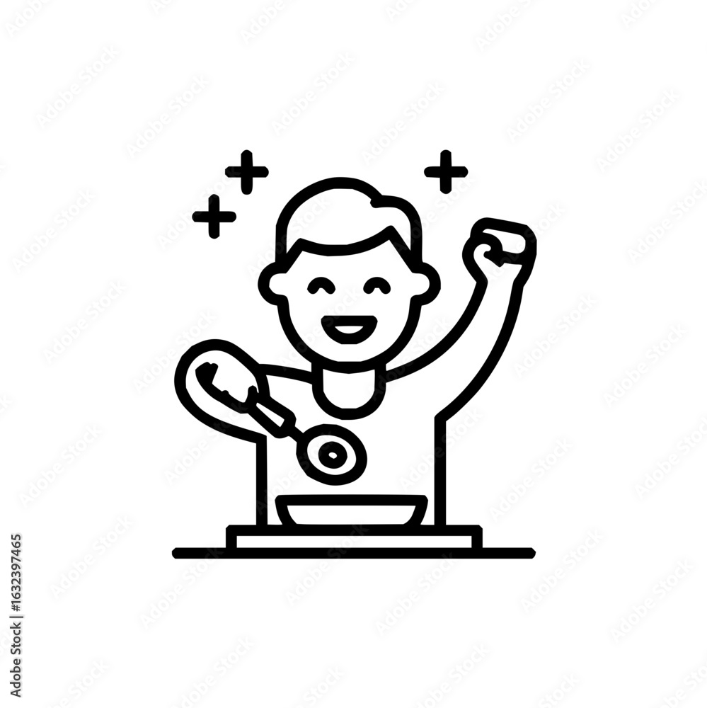 Poster smiling person cooking with spoon near bowl on table with plus signs floating above in line art styl