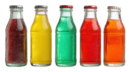 Five glass bottles of colorful soda