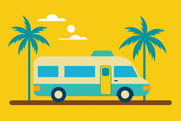 yellow camper van parked palm trees full sun