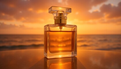 Stylish perfume bottle on acrylic pedestal against sunset landscape background giving the object an attractive, almost fantastic, light and color spectacular look