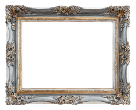 Empty ornate picture frame, light gray and gold