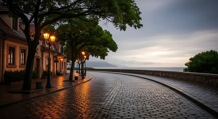 Cobblestone street illuminated by streetlights near buildings and ocean under a cloudy sky at dusk