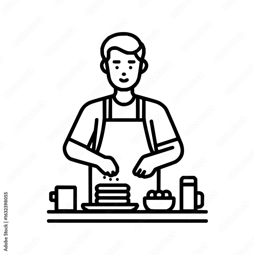 Poster a person wearing an apron preparing pancakes with a bowl and mugs on a table in a line art style ima