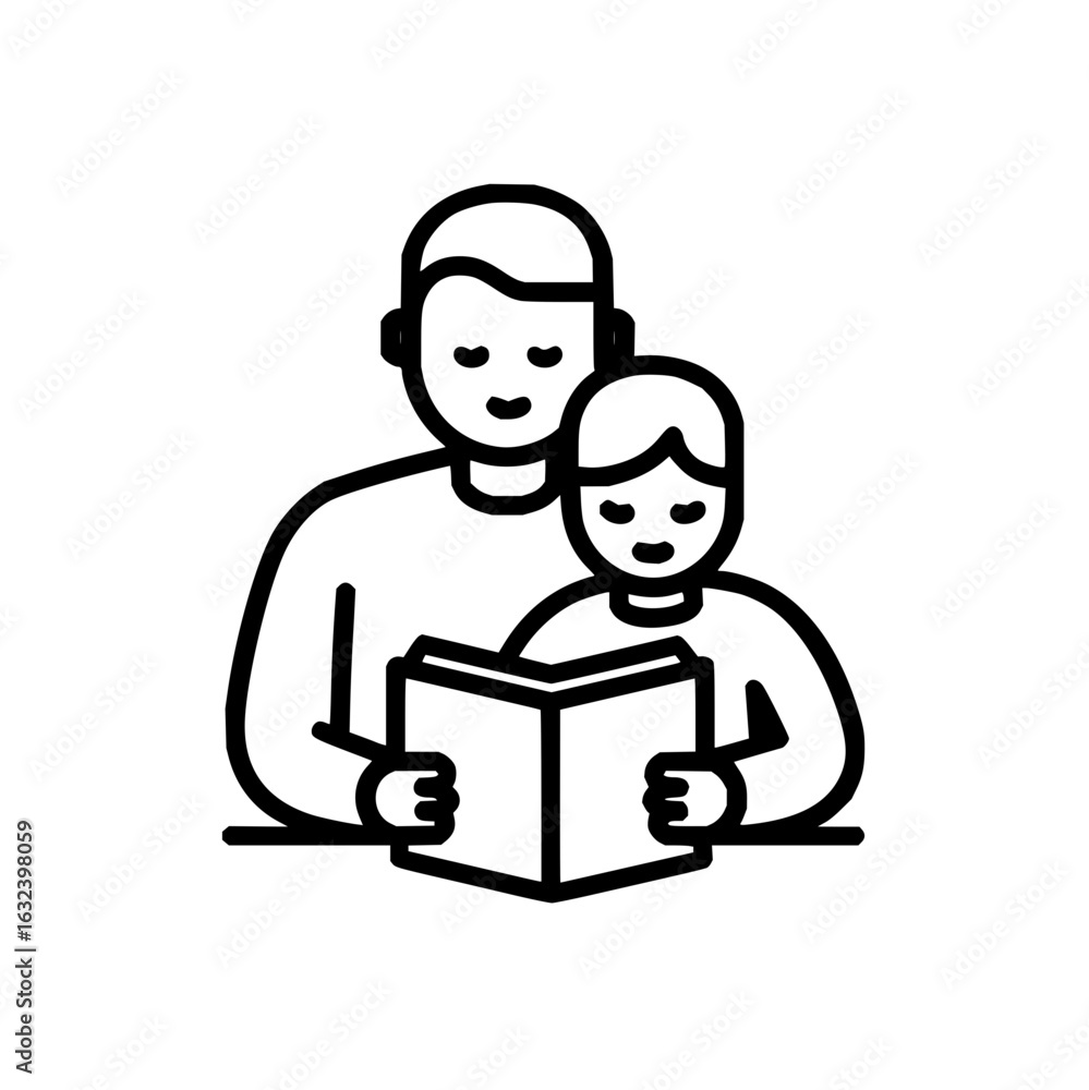 Poster father and child reading a book together in a simple line drawing with happy expressions and a table