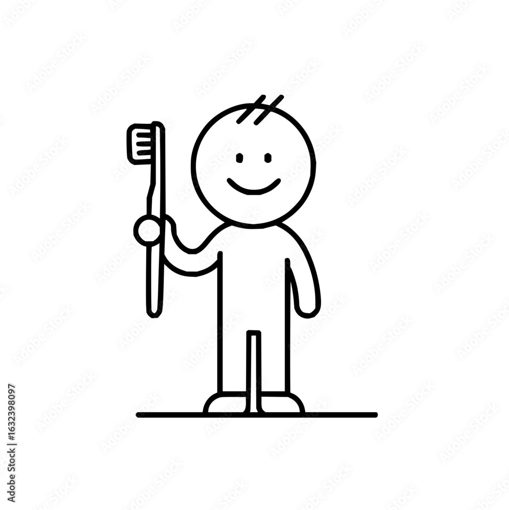 Poster stick figure holding a toothbrush with a smiling face and simple line drawing on a white background 