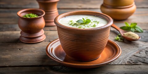 Traditional buttermilk drink with mint in a clay cup on a wooden table, a healthy and refreshing indian beverage for a natural and organic diet