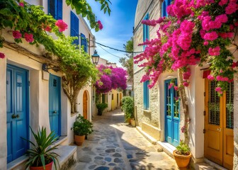 Fototapeta premium Charming european village street with flowers and blue doors