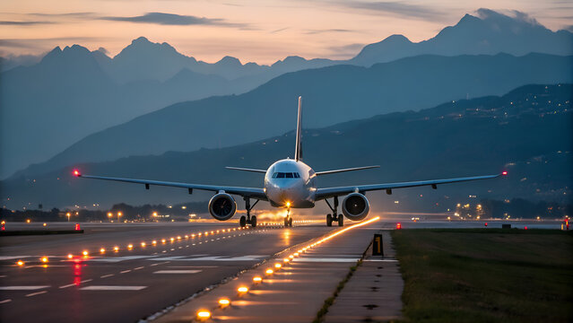 Airplane on the runway with mountains in the background