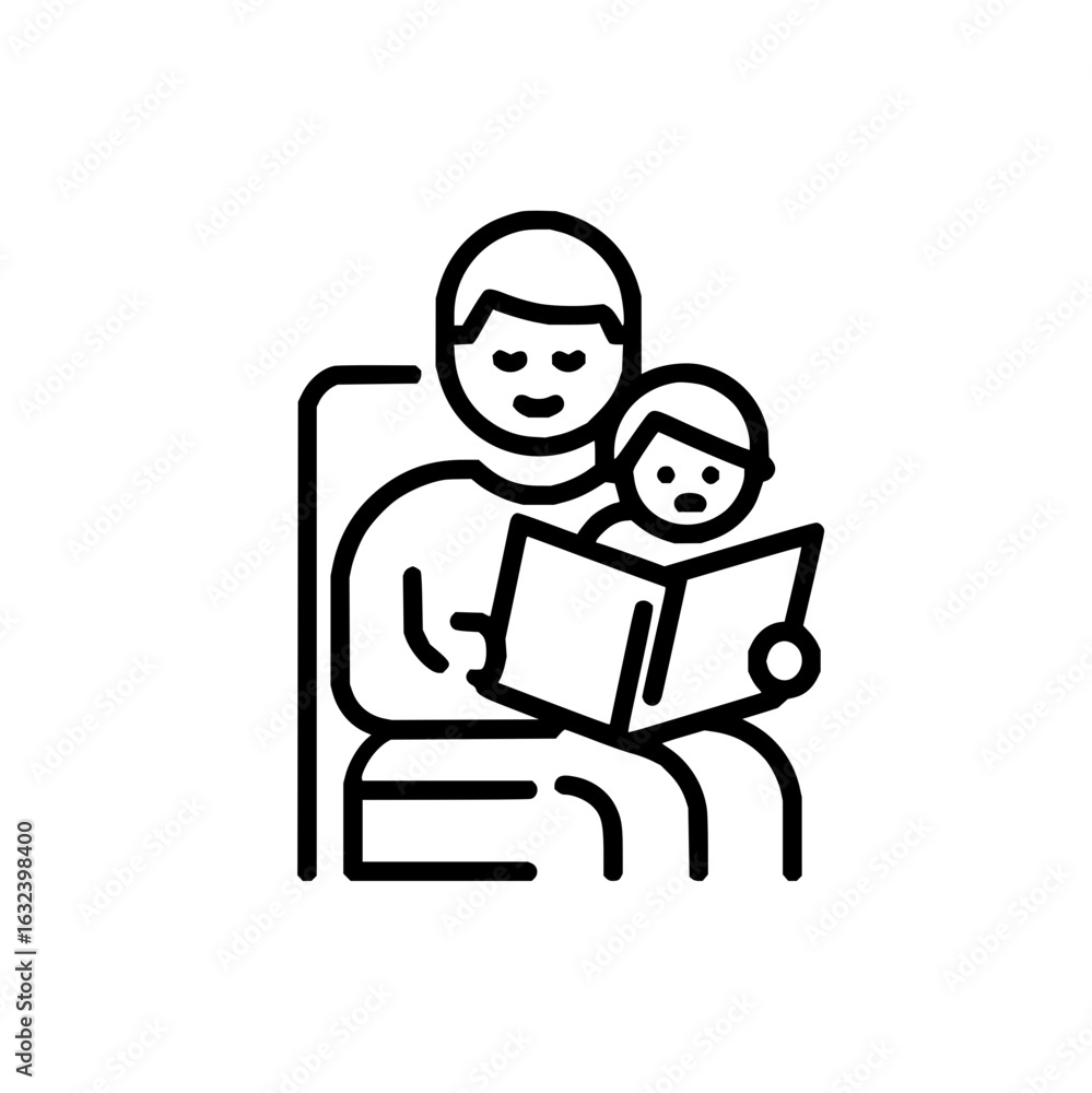 Poster a parent reading a book to a child sitting on their lap in a chair depicted in a simple line drawing