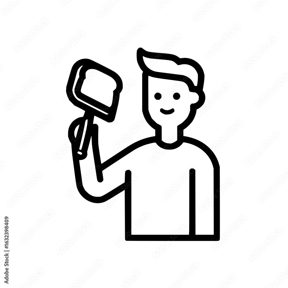 Poster illustration of a person holding a marshmallow on a stick with a simple outline style and smiling fa