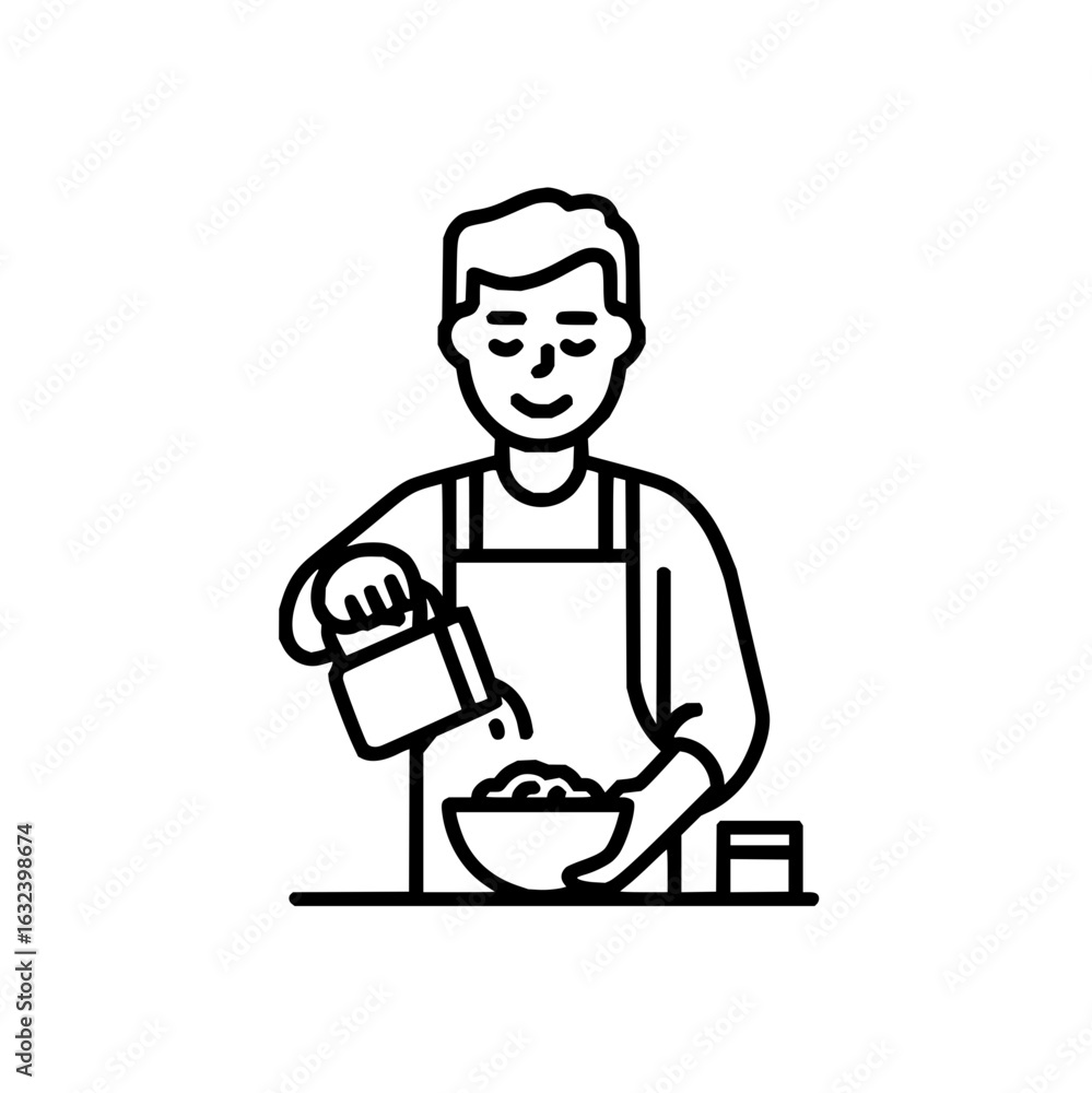 Poster a person in an apron is pouring something from a container into a bowl on a table with a small box n