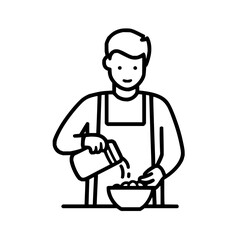 Man in apron pouring liquid from container into bowl with food preparation in a kitchen setting depicted