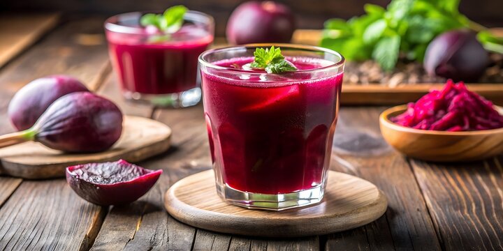 Refreshing beetroot juice served in a glass on a wooden table, garnished with fresh mint, a healthy and vibrant beverage for a nutritious lifestyle