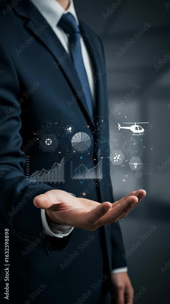 Poster investment management executive presenting future strategies and data analytics, with holographic as