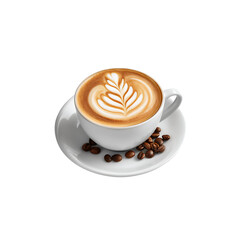 Cappuccino with latte art in white cup and saucer with coffee beans isolated on white background