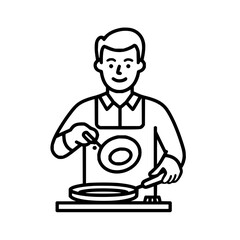 A man wearing an apron is cooking food in a pan on a stove using a spatula in a black and white outline