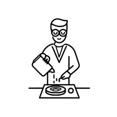 Person with glasses pouring liquid from a container onto a circular object on a table in a line drawing