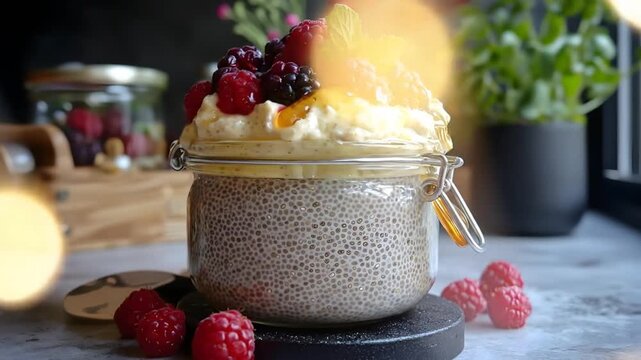 Fresh fruit chia pudding in a glass jar