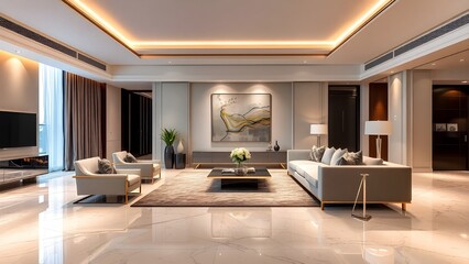 Fototapeta premium Spacious Modern Luxury Living Room Interior with Elegant Furniture, Art, and Polished Marble Floor